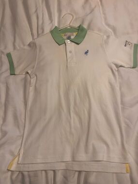 White Polo Shirt with Mint Green Trim and Embroidered Logo